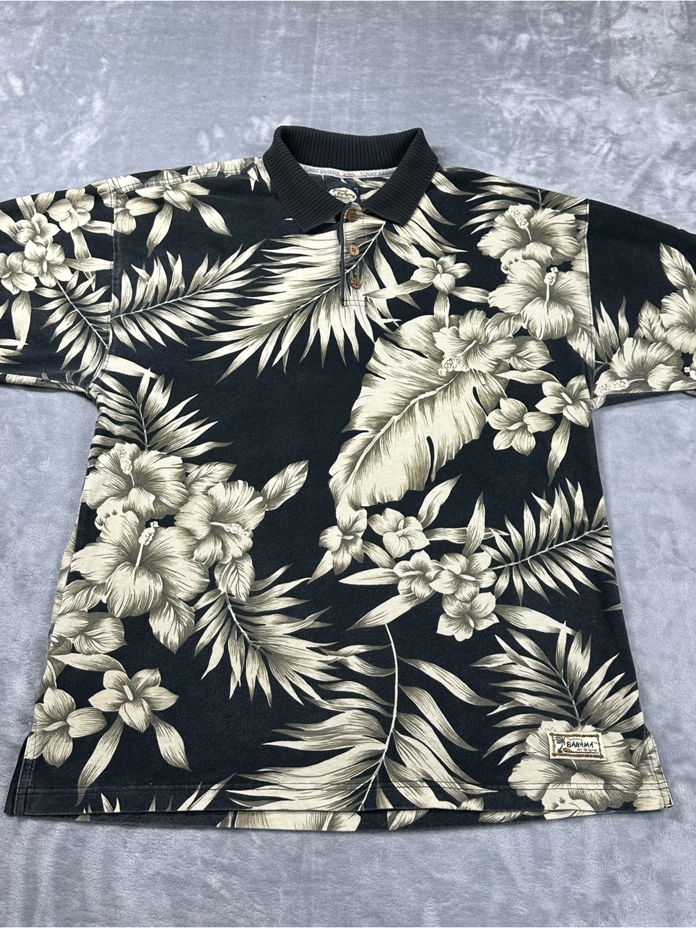 Tommy Bahama Men’s L Polo Shirt Tropical Hibiscus Floral Palm Leaf Cotton Black